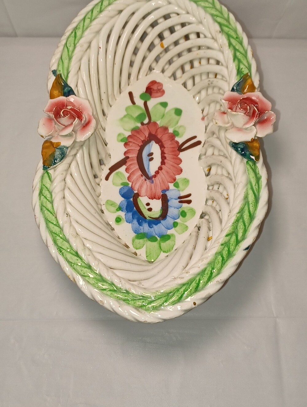 Vintage Porcelain Ceramic Lattice Weave Bowl Dish From Spain Beautiful Florals - Picture 3 of 12